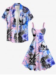 Ensemble de plage hawaïen assorti grande taille pour couples, imprimé tête de mort, hibiscus, ananas et éclaboussures de peinture - Rose  
