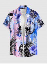 Chemise hawaïenne grande taille pour homme, à boutons et poche, ornée d'un imprimé tête de mort, hibiscus, ananas et éclaboussures de peinture. Motif tête de mort, hibiscus et ananas. - Rose  XL