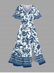 Blue And White Porcelain Flowers Leaf Print Split Hawaii Midi Dress -  