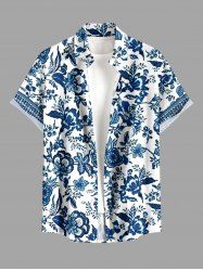 Blue And White Porcelain Flowers Leaf Print Buttons Pocket Hawaii Shirt For Men - Blanc 5XL