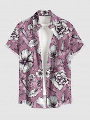 Chemise hawaïenne à imprimé floral et feuilles grande taille avec poche boutonnée pour homme - Violet clair 3XL