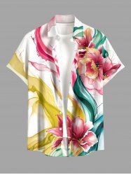 Watercolor Ribbon Flower Print Hawaii Button Pocket Shirt For Men -  