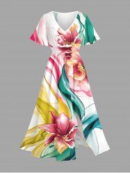 Robe midi trapèze grande taille à imprimé floral aquarelle et ruban hawaïen avec poche fendue - Blanc XXS