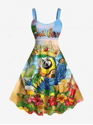 Robe trapèze hawaïenne à imprimé tropical : cocotiers, feuilles d'hibiscus, perroquets et fleurs de hula, grande taille - Bleu Ciel L