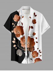 Chemise hawaïenne à poches boutons, imprimé contrasté de fleurs, feuilles et branches, grande taille, pour hommes - Noir XL