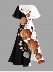 Plus Size Flower Leaf Branch Contrast Colorblock Print Hawaii Split Pocket A Line Midi Dress -  