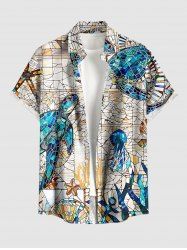 Plus Size Turtle Sailor Coloured Glass Print Hawaii Button Pocket Shirt For Men -  