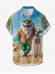 Chemise hawaïenne grande taille pour homme, imprimé requin, cocotier et paysage marin, boutons et poche. - Bleu Ciel S