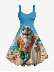 Robe débardeur grande taille imprimée requin, cocotier et paysage marin hawaïen - Bleu Ciel XS