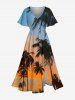 Tenue de plage hawaïenne assortie pour couples, imprimé crépuscule et cocotier ombré, grandes tailles - Bleu Ciel 
