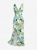 Robe hawaïenne à imprimé fleurs et feuilles, volants, fente et décolleté cache-cœur - Vert clair M
