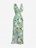 Robe hawaïenne à imprimé fleurs et feuilles, volants, fente et décolleté cache-cœur - Vert clair M