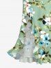 Flowers Leaf Print Hawaii Ruffles Split Surplice Dress -  