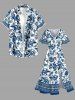Blue And White Porcelain Flowers Leaf Print Plus Size Matching Hawaii Beach Outfit For Couples -  