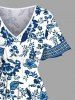 Blue And White Porcelain Flowers Leaf Print Plus Size Matching Hawaii Beach Outfit For Couples -  