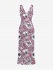 Flower Leaf Print Hawaii Ruffles Split Dress -  