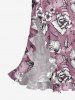 Flower Leaf Print Hawaii Ruffles Split Dress -  
