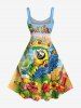 Robe trapèze hawaïenne à imprimé tropical : cocotiers, feuilles d'hibiscus, perroquets et fleurs de hula, grande taille - Bleu Ciel L