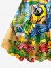 Robe trapèze hawaïenne à imprimé tropical : cocotiers, feuilles d'hibiscus, perroquets et fleurs de hula, grande taille - Bleu Ciel L