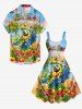 Robe trapèze hawaïenne à imprimé tropical : cocotiers, feuilles d'hibiscus, perroquets et fleurs de hula, grande taille - Bleu Ciel L