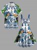 Plus Size Toucans Tropical Leaf Blue and White Porcelain Style Print Hawaii A Line Dress -  