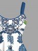 Plus Size Toucans Tropical Leaf Blue and White Porcelain Style Print Hawaii A Line Dress -  