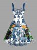 Plus Size Toucans Tropical Leaf Blue and White Porcelain Style Print Hawaii A Line Dress -  