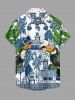 Chemise hawaïenne grande taille pour homme, imprimée style porcelaine bleue et blanche, motif toucans tropicaux et feuilles, style feuille de toucan. - Bleu L