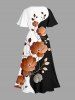 Plus Size Flower Leaf Branch Contrast Colorblock Print Hawaii Split Pocket A Line Midi Dress -  