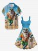 Robe débardeur grande taille imprimée requin, cocotier et paysage marin hawaïen - Bleu Ciel XS