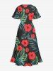 Robe mi-longue hawaïenne fendue à imprimé feuilles tropicales et fleurs d'hibiscus (grande taille) - Noir XXS