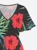 Robe mi-longue hawaïenne fendue à imprimé feuilles tropicales et fleurs d'hibiscus (grande taille) - Noir XXS