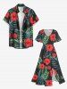 Robe mi-longue hawaïenne fendue à imprimé feuilles tropicales et fleurs d'hibiscus (grande taille) - Noir XXS