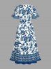 Blue And White Porcelain Flowers Leaf Print Split Hawaii Midi Dress -  