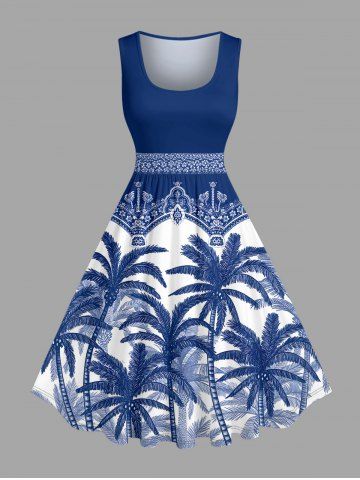 Plus Size Coconut Tree Blue and White Porcelain Style Print Hawaii Swing A Line Dress - DEEP BLUE - XXS