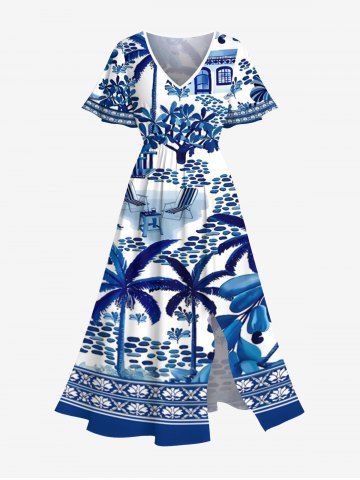 Robe midi trapèze grande taille à imprimé porcelaine bleue et blanche style hawaïenne, motif chemin de cocotiers, bleu et blanc - BLUE - 2X