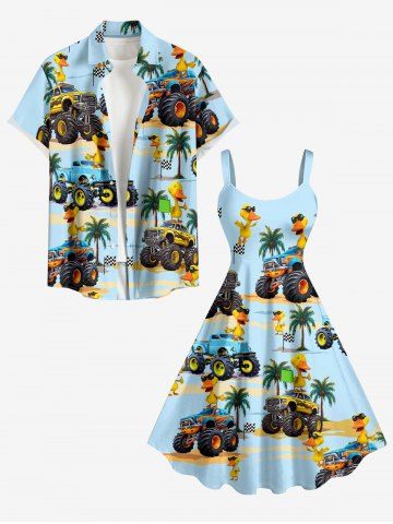 Truck Ducks Coconut Tree Print Plus Size Matching Hawaii Beach Outfit For Couples
