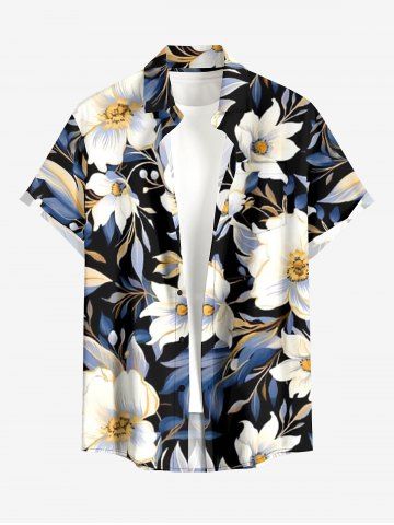 Plus Size Flowers Leaf Print Buttons Pocket Hawaii Shirt For Men - BLACK - 4XL