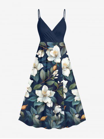 Robe à bretelles croisées à imprimé floral et feuilles grande taille, style hawaïen - DEEP BLUE - XS