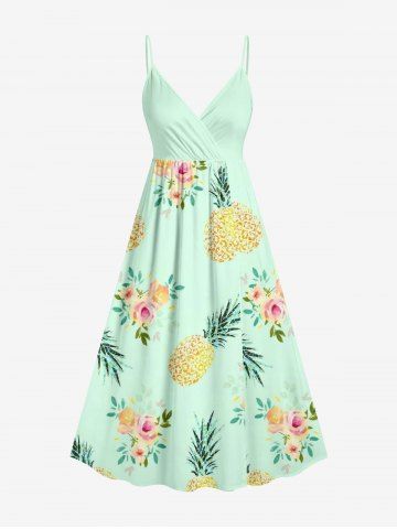 Plus Size Rose Flower Pineapple Print Surplice Hawaii Cami Dress - LIGHT GREEN - 5X