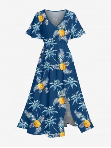 Robe midi hawaïenne fendue à imprimé ananas et cocotier grande taille - DEEP BLUE - XS