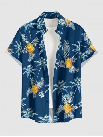 Chemise hawaïenne grande taille pour homme, à boutons et poches, imprimé ananas et cocotiers. - DEEP BLUE - 2XL