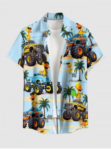 Chemise hawaïenne grande taille pour homme, à boutons et poches, avec imprimé camions, canards et cocotiers. Motif : camions et cocotiers. - LIGHT BLUE - XL