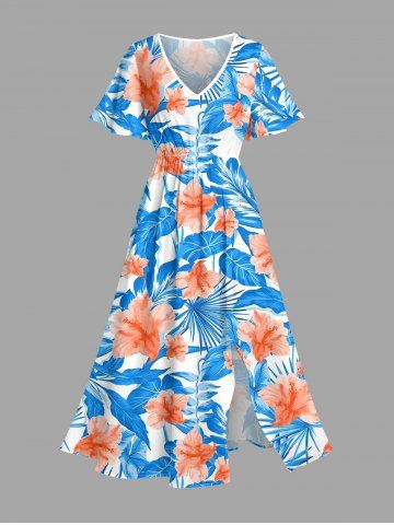 Robe midi hawaïenne à imprimé feuilles et fleurs d'hibiscus grande taille, cache-cœur - SKY BLUE - 6X