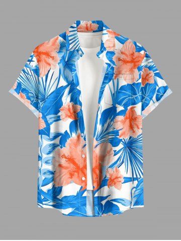 Chemise hawaïenne grande taille pour homme, à imprimé feuilles d'hibiscus, boutons et poche. - SKY BLUE - 2XL