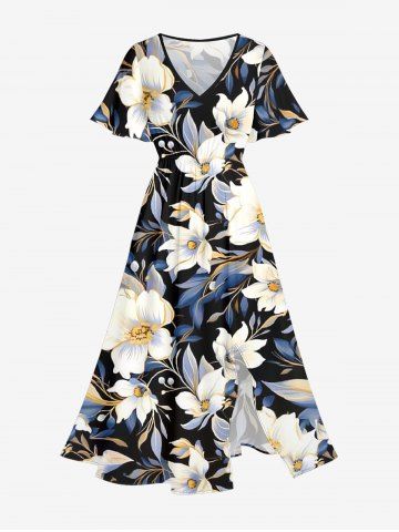 Robe mi-longue hawaïenne fendue à imprimé floral et feuilles grande taille - BLACK - 2X
