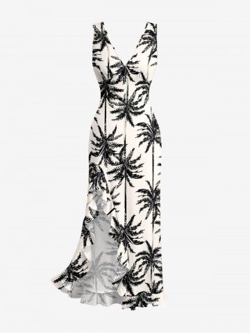 Robe hawaïenne à imprimé cocotiers, volants et fente cache-cœur - BLACK - XS