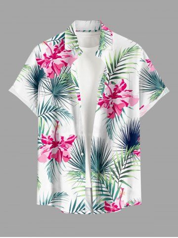 Plus Size Hibiscus Flowers Tropical Leaf Print Buttons Pocket Hawaii Shirt For Men - PINK - S