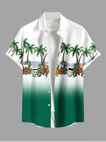 Plus Size Coconut Tree Flowers Ombre Colorblock Printed Buttons Pocket Hawaii Shirt For Men - GREEN - M