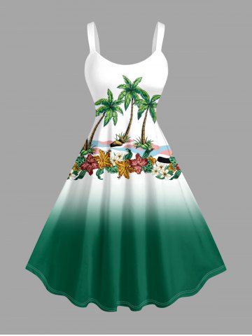 Plus Size Coconut Tree Flowers Ombre Colorblock Print Hawaii Tank Dress - GREEN - XS